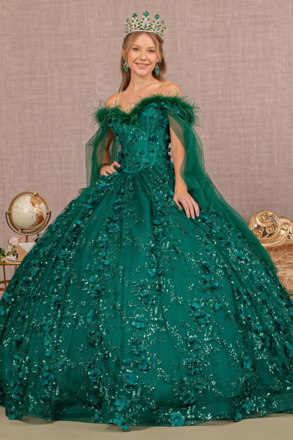 lady in green beaded sequin quinceanera ball gown