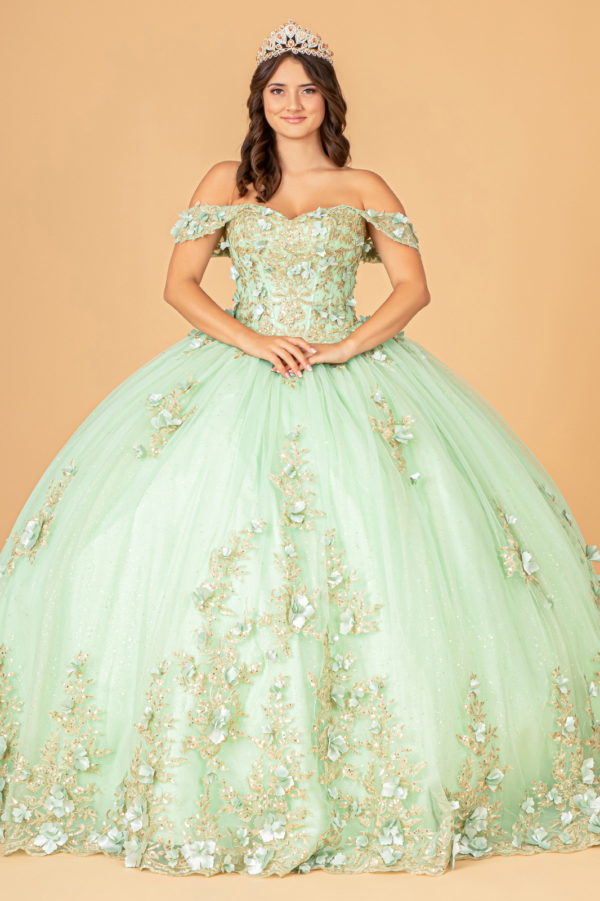 lady in sage green quinceanera gown