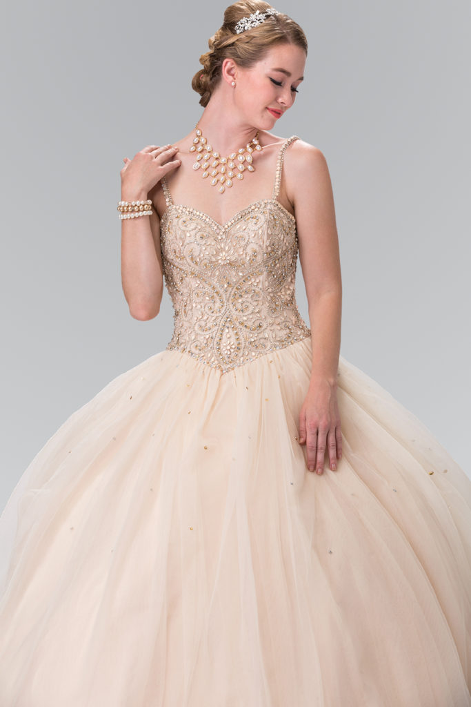 Champagne beaded bodice quinceanera dress