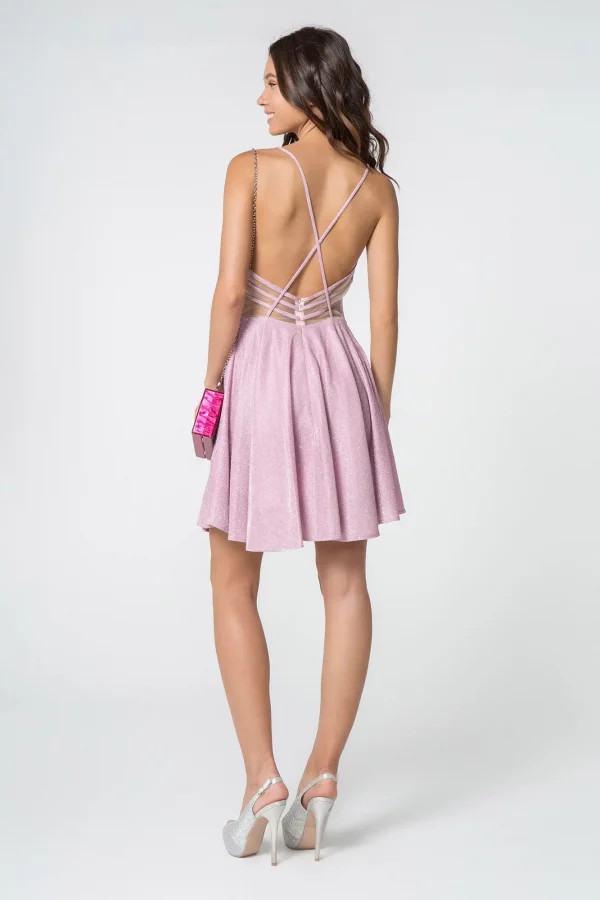 Rear View of Illusion Deep V-Neck Glitter Crepe Short Dress