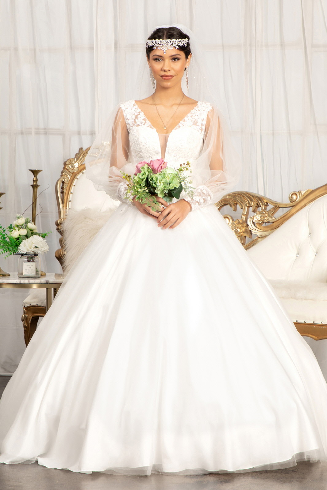 white sheer long sleeves deep illusion sweetheart ball gown