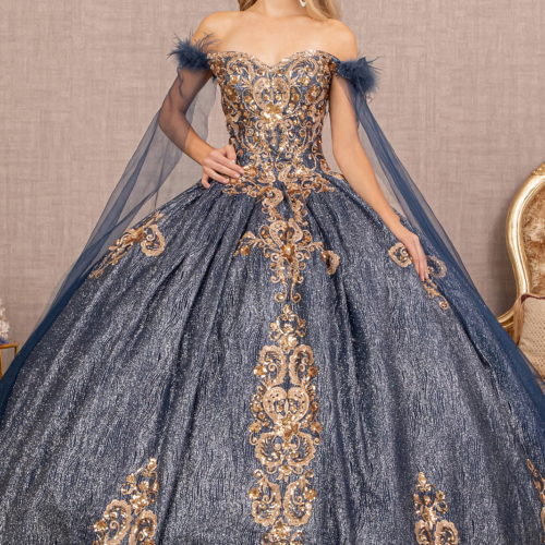 lady in navy with gold sequin beaded ball gown