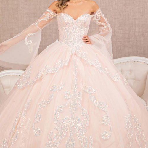 lady in blush with silver sequin off shoulder ball gown