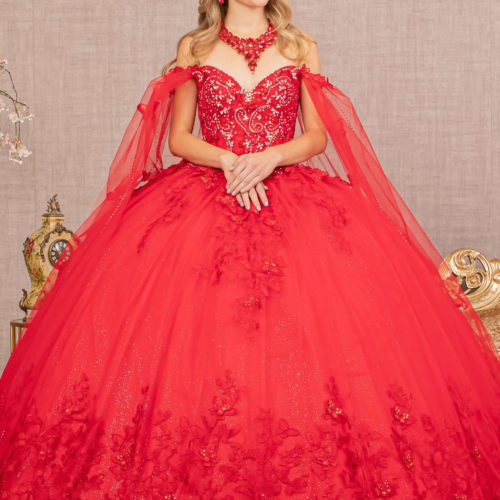 Teen Girl In Red Butterfly Sheer Bodice Quinceanera Gown W/ Long Mesh Cape