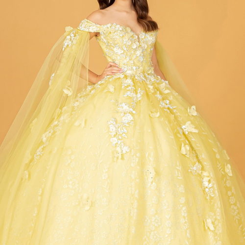 Teen Girl In Yellow Embroidery Glitter Quinceanera Gown W/ Long Mesh Layer