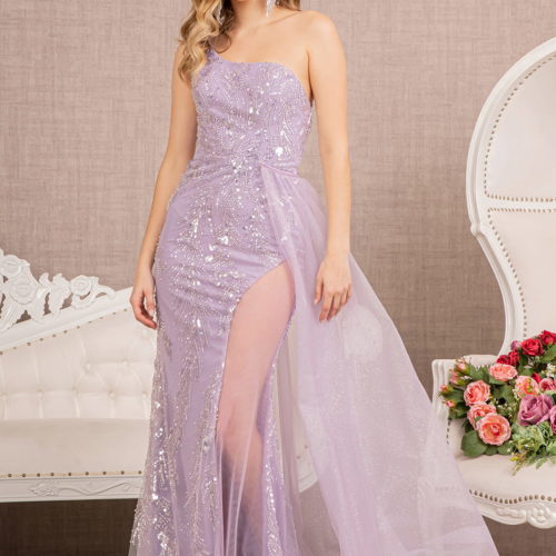 long lilac colored jewel sequin sleeveless asymmetric dress