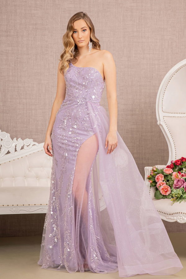 long lilac colored jewel sequin sleeveless asymmetric dress
