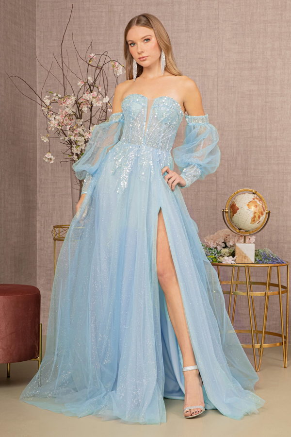 Teen Girl In Baby Blue Sequin Glitter Sheer Bodice Illusion Sweetheart A-Line Mesh Dress