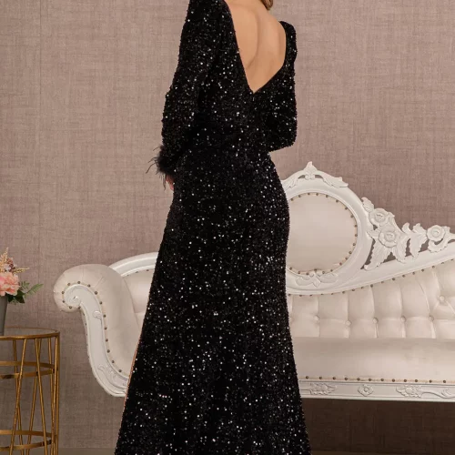 gl3122-black-2-floor-length-prom-pageant-mother-of-bride-velvet-feather-sequin-open-zipper-v-back-three-quarter-sleeve-sleeve-illusion-sweetheart-mermaid