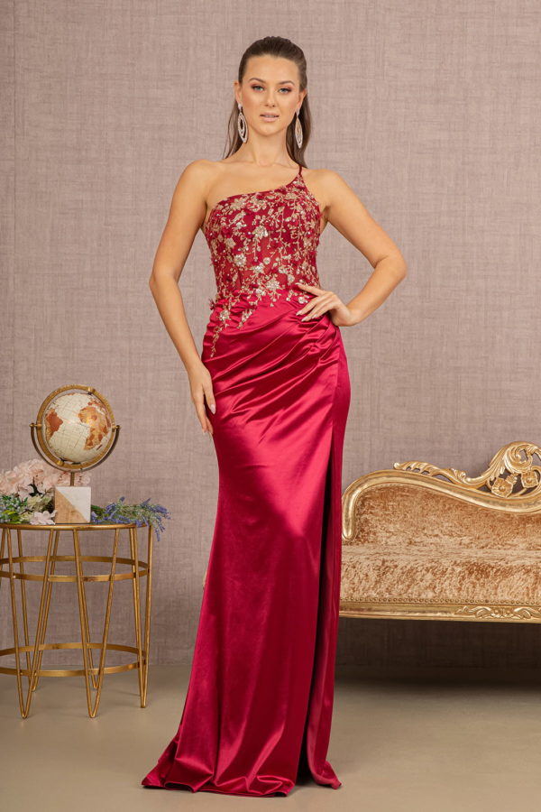 burgundy floor-length satin mesh metallic sequin sheer dress