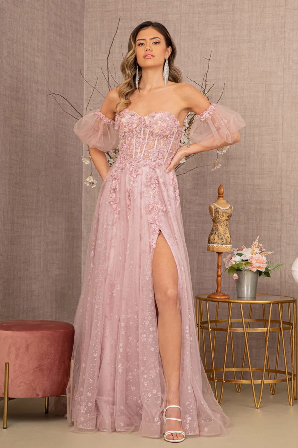 dusty rose long prom sequin sheer strapless dress