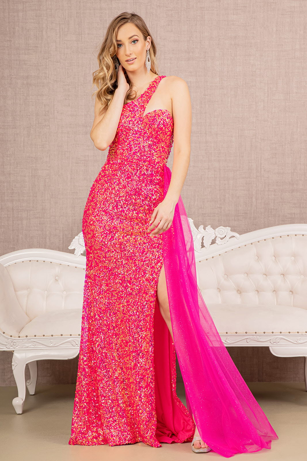 CD CM331 - Glitter Print Neon Fit & Flare Prom Gown with Sheer Boned B –  Diggz Formals