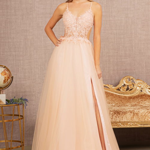 blush embroidered prom gown