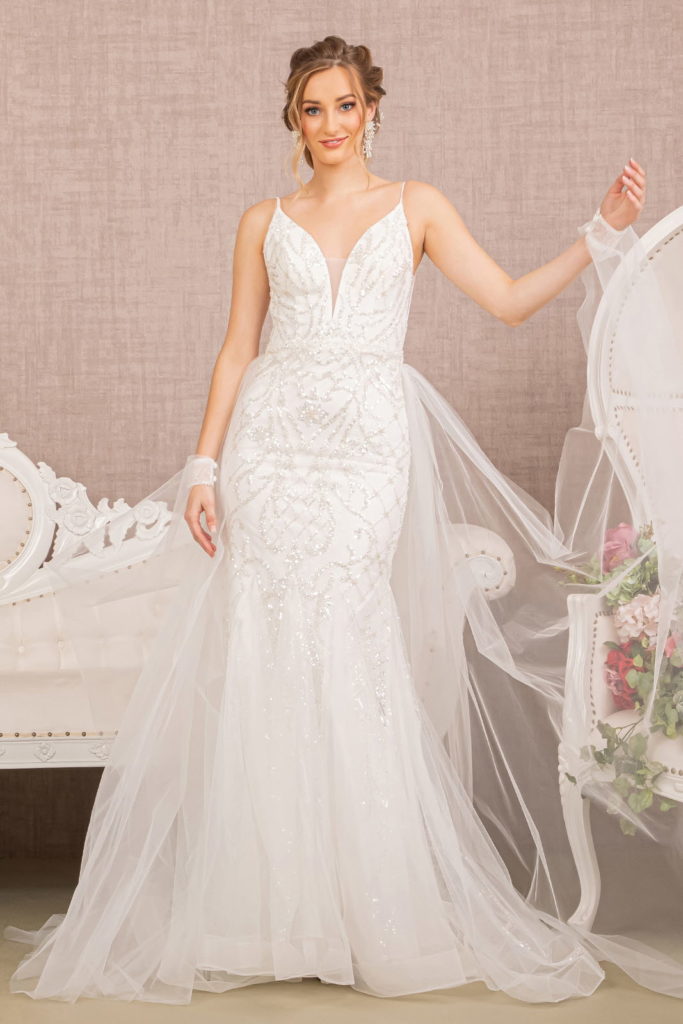 Jewel Bead Wedding Dress w/ Long Mesh Layer - GLS Collective