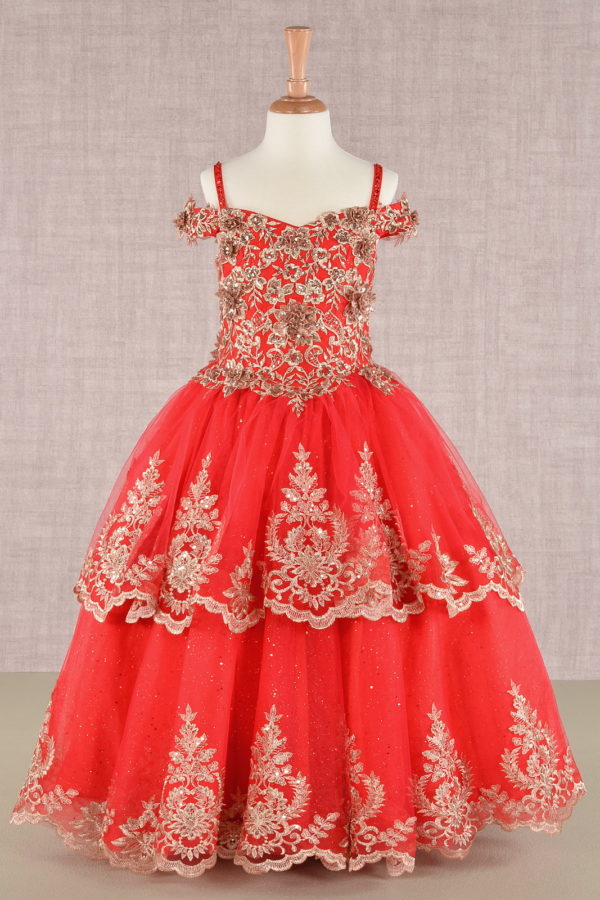 Red embroidery embellished glitter mesh A-line kids dress