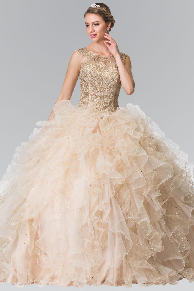 champagne ruffle ball gown