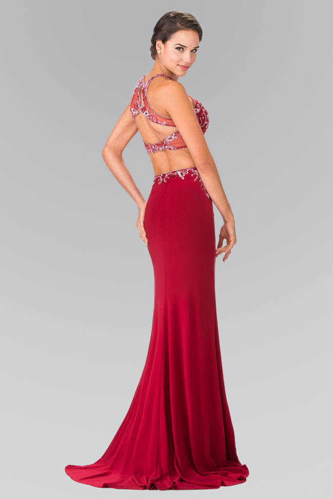 burgundy beaded prom dress