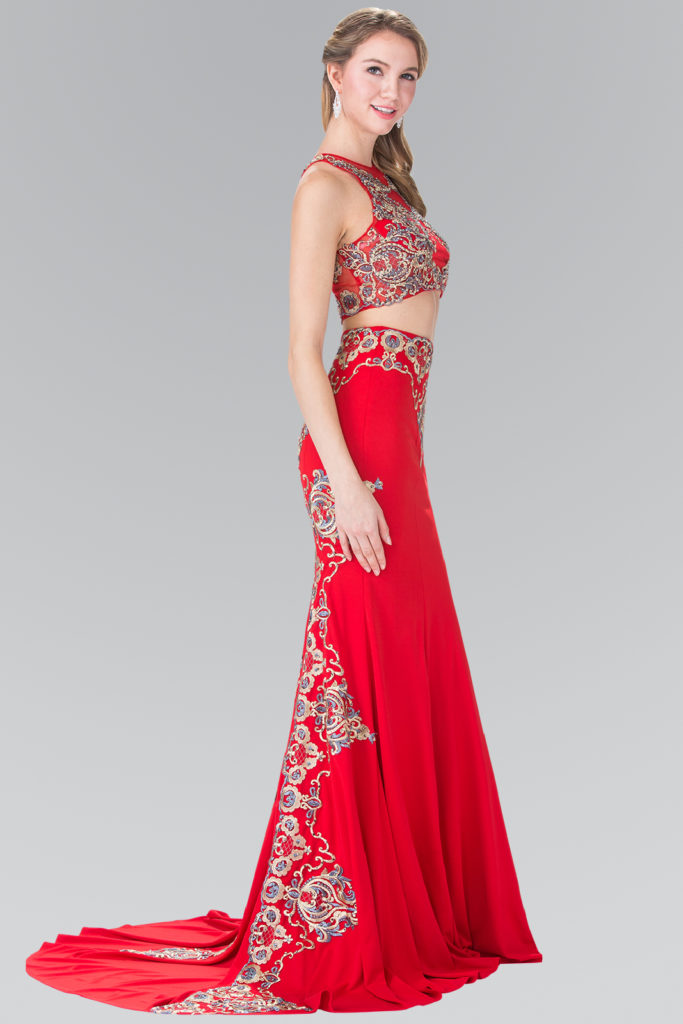 red embroidered prom dress