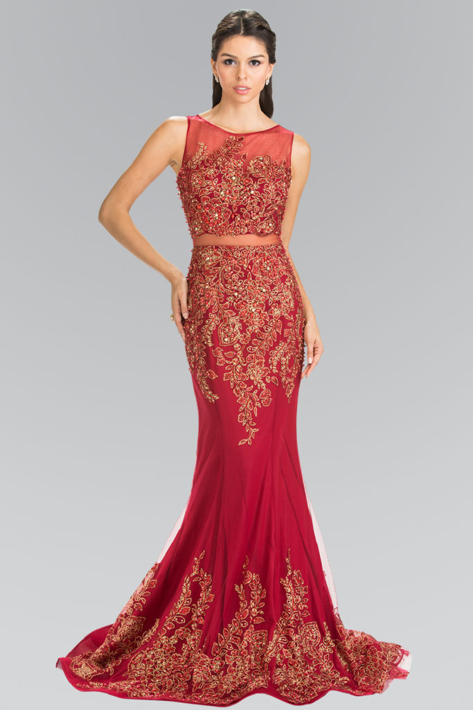 burgundy mesh prom dress