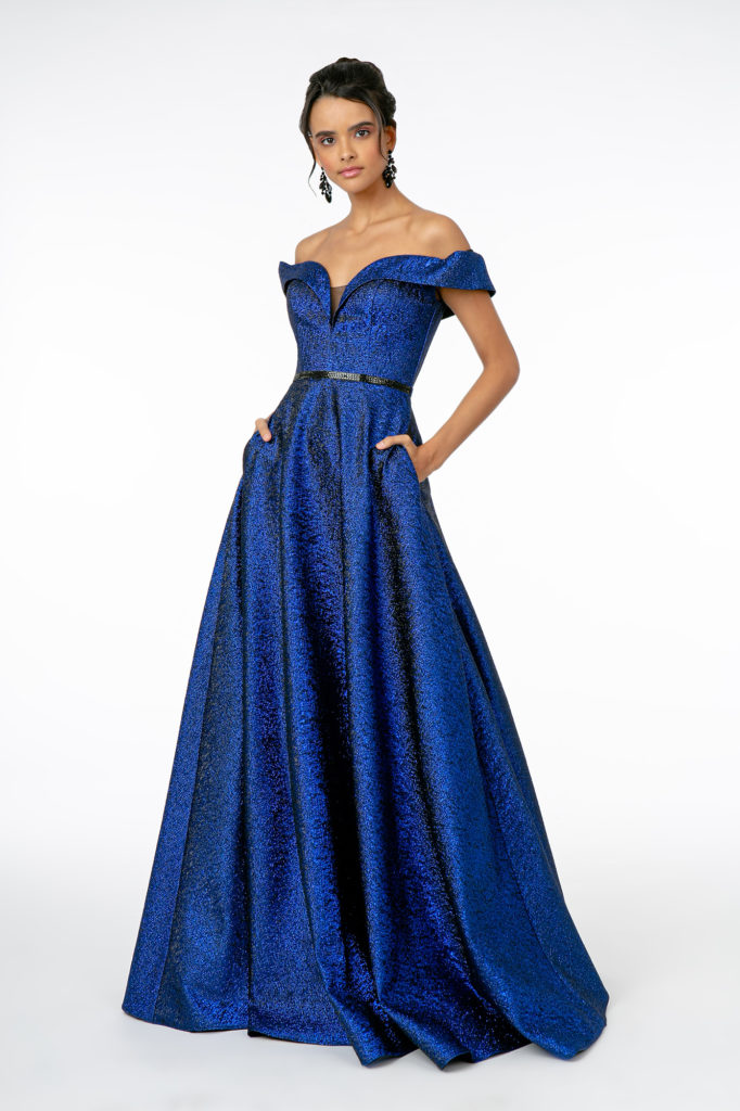 royal blue cut away shoulder prom dress