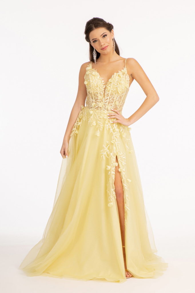 yellow mesh corset prom dress