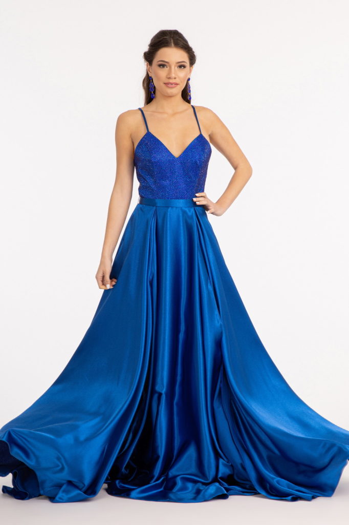 royal blue satin aline prom dress