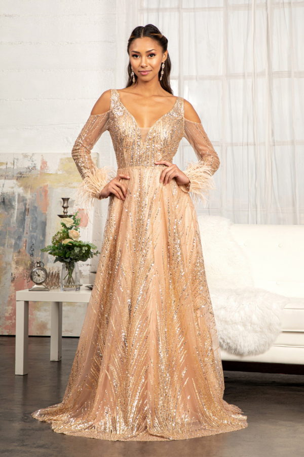 Rose gold glitter aline prom dress
