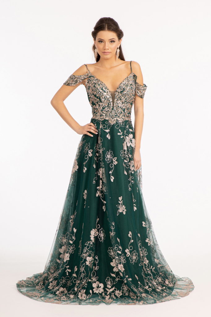 Green embroidered A-line dress