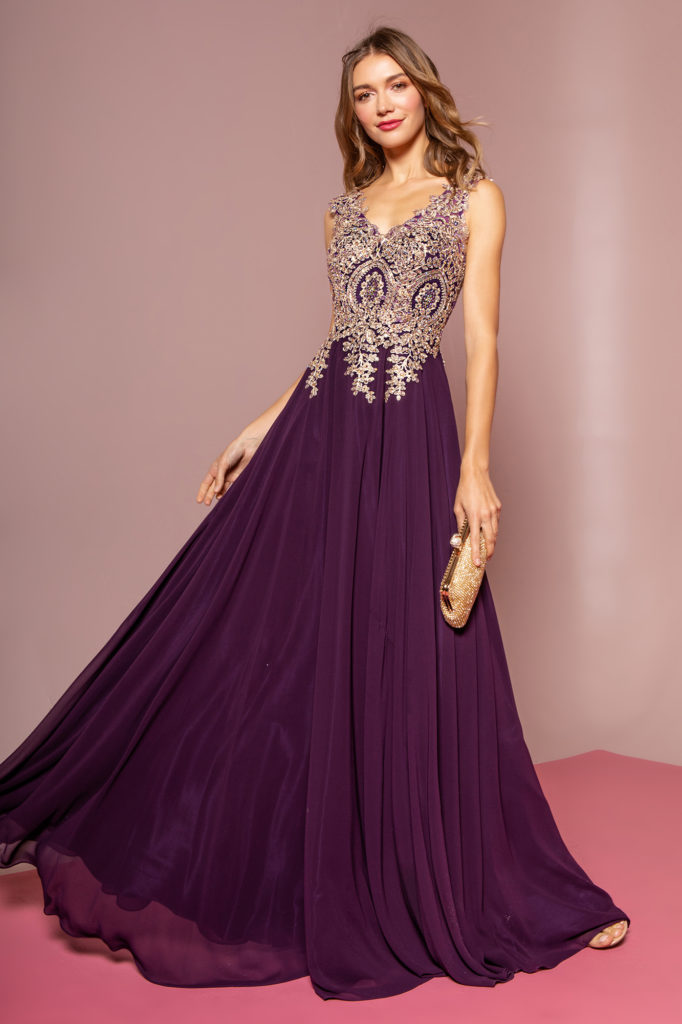 purple embroidered chiffon dress