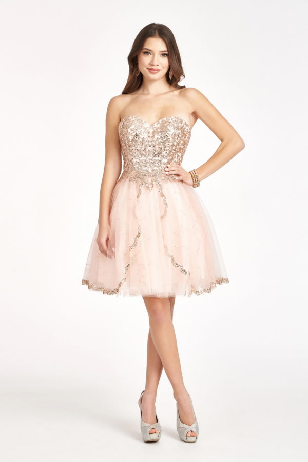 Short pink mesh prom dress