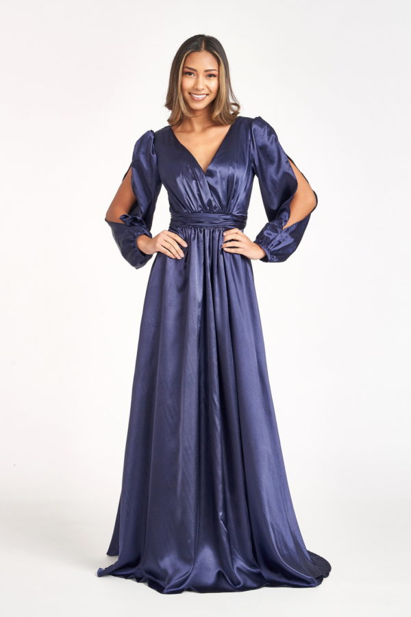 navy satin mother of the bride dress