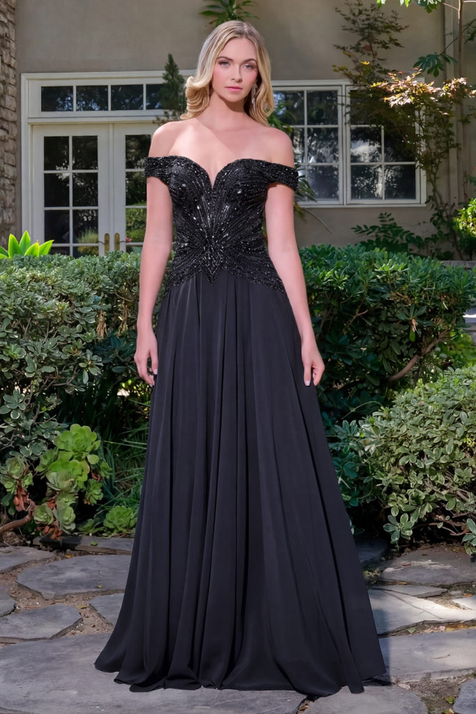 Back view, off-shoulder beaded bodice A-line evening gown