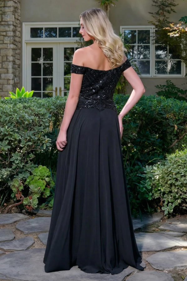 Front view, off-shoulder beaded bodice A-line evening gown