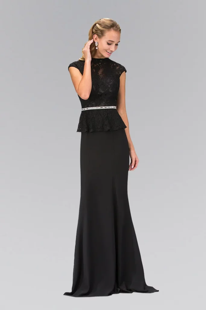 Black – Back view close-up, cap sleeve lace high-neck mermaid gown