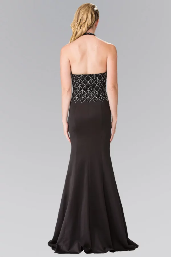 Black – Front view close-up, halter beaded bodice jersey mermaid gown
