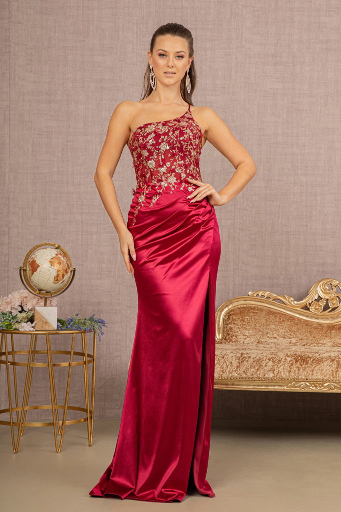 burgundy satin formal dress