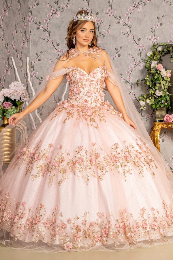 Glitter Flower Applique Quinceañera Gown