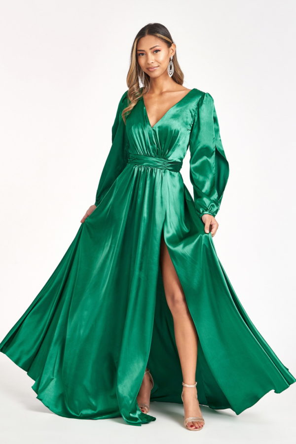 Emerald satin A-line dress
