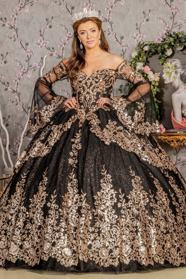 gl3184-black-gold-1-floor-length-quinceanera-mesh-embroidery-metallic-sequin-glitter-zipper-corset-long-sleeve-sweetheart-ball-gown