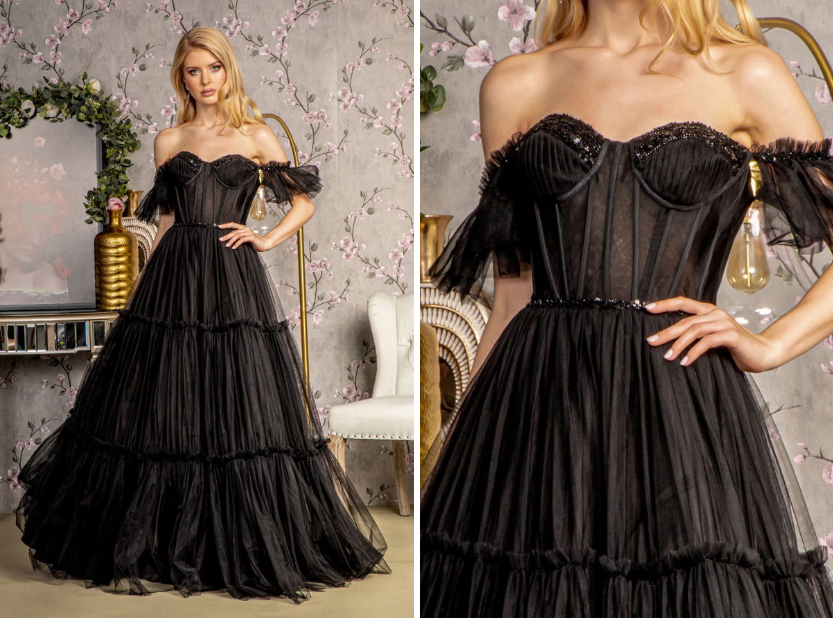 Sequin Bead Sheer Bodice Off Shoulder Mesh A-line Long Dress