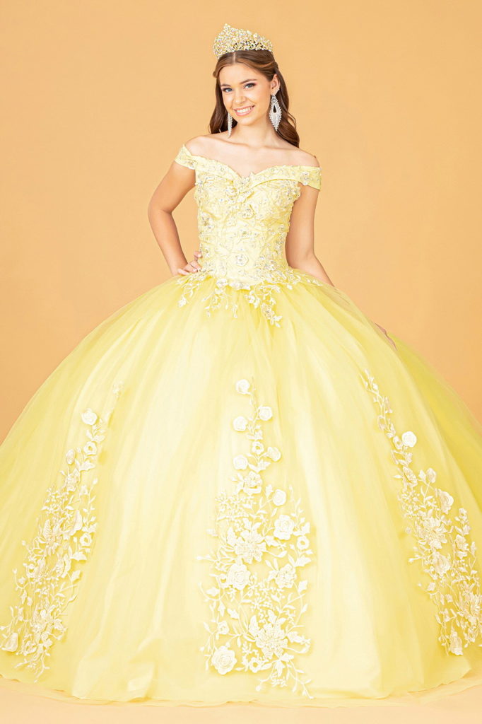 yellow v neck gown with floral applique