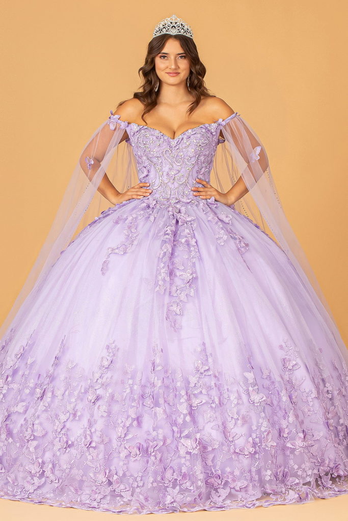 lilac butterfly applique gown with mesh layer