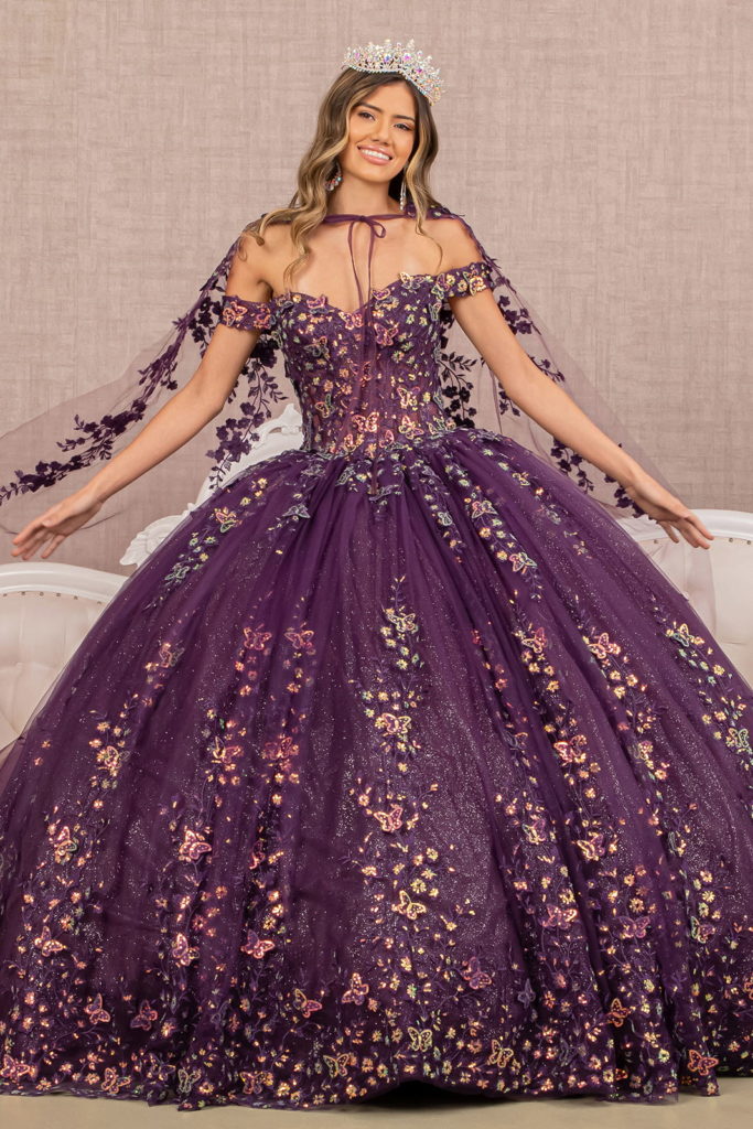 purple butterfly gown with sheer bodice and cape