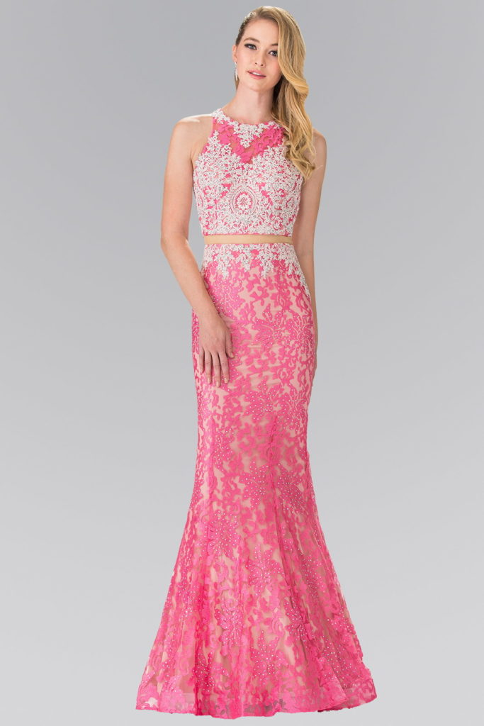 pink long two-piece lace dress