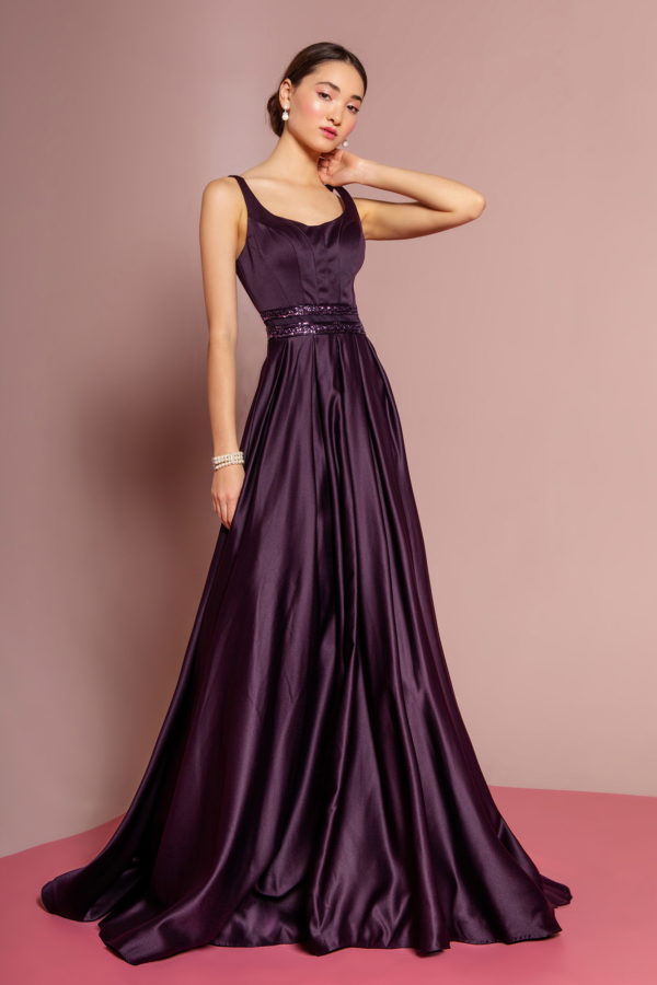 purple scoop neck satin A-line dress