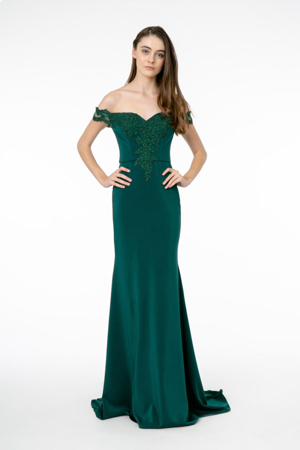 green jersey mermaid dress with off-the-shoulder sleeves