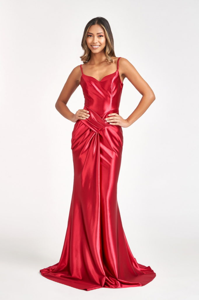 Red mermaid dress with gathered waistline