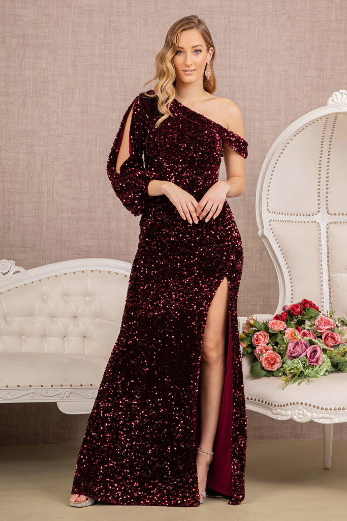 red velvet and sequin asymmetrical dress