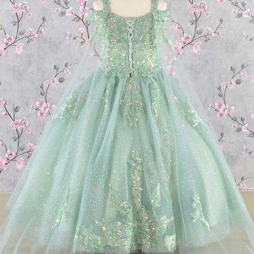 gk116-sage-2-tea-length-kids-mesh-embroidery-sequin-glitter-lace-up-zipper-corset-cut-away-shoulder-v-neck-ball-gown