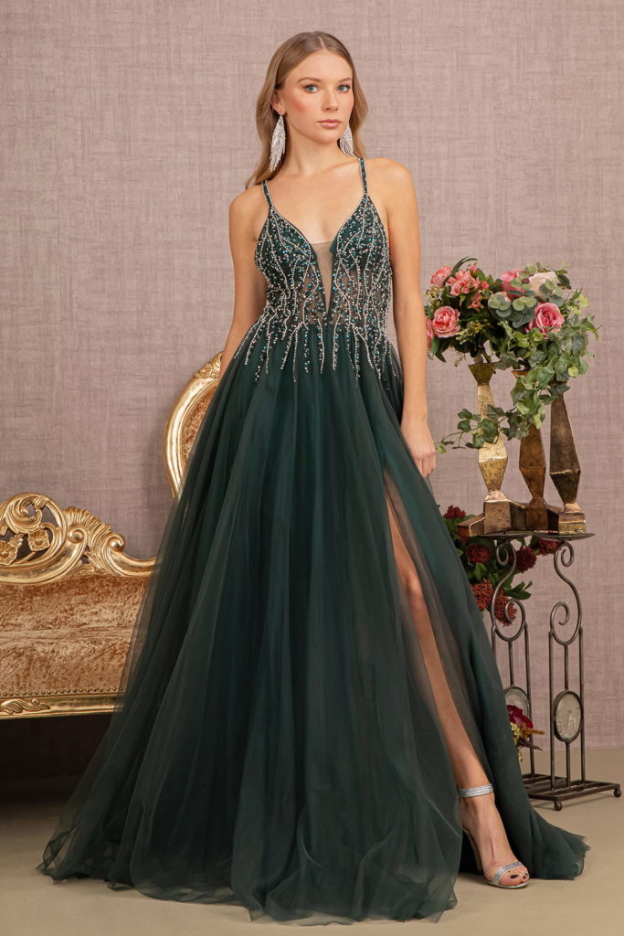 Green mesh A-line dress with beaded bodice